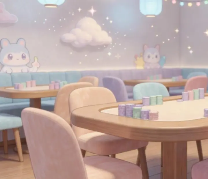 Világos, anime-stílusú belső tér pasztell pókerasztallal a Tiszanova étteremben