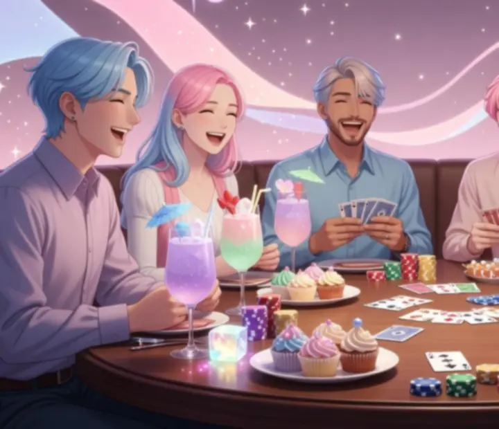 Vidám, anime-stílusú csoport pókerasztalnál, ahol mindenki nevet és együtt játszik