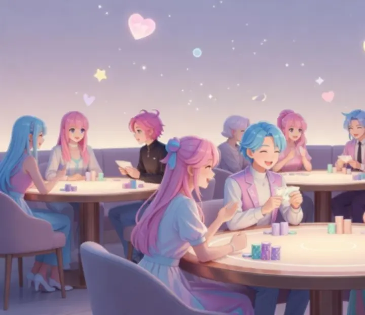 Anime-stílusú, pasztell színű éttermi pókerasztal baráti társasággal