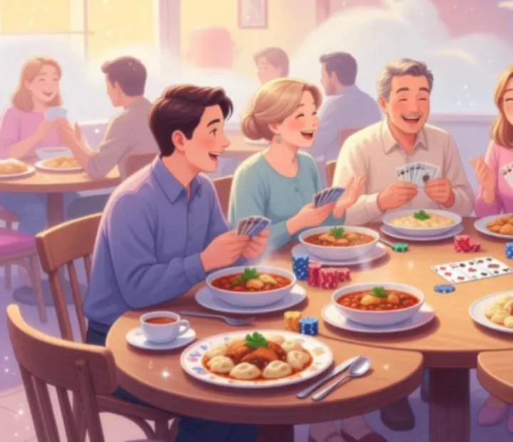 Anime-stílusú éttermi jelenet baráti offline póker esttel, pasztell fények között
