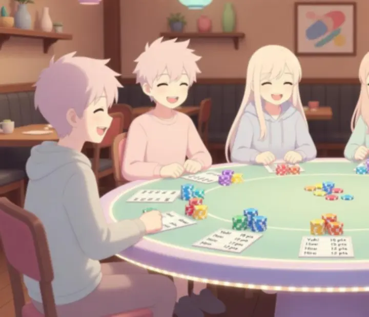 Barátságos offline pókerasztal anime-inspirált környezetben